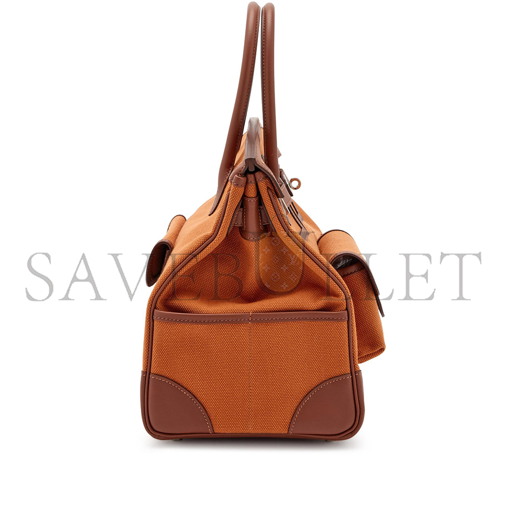 H**mes master birkin 35 canvas and swift leather orange silver buckle h079238cka2 (35*25*18cm)